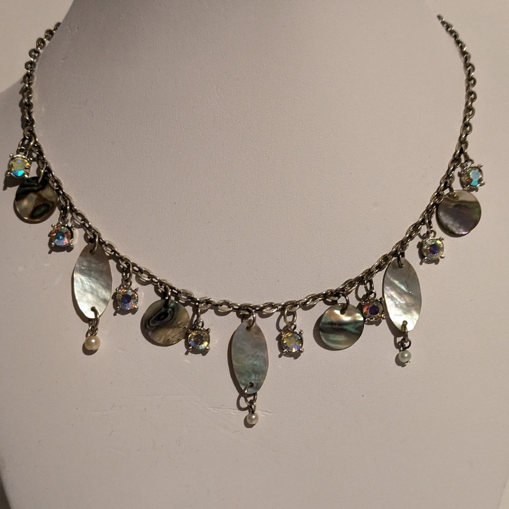Necklace Iridescent Shell Rhinestone Faux Pearl Silvertone Chain Boho Whimsygoth